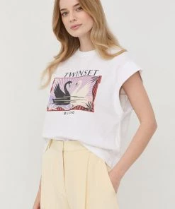 Γυναικεία Κοντομάνικο Βαμβακερό μπλουζάκι Twinset άσπρο