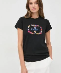 Γυναικεία Κοντομάνικο Βαμβακερό μπλουζάκι Twinset μαύρο