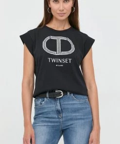 Γυναικεία Κοντομάνικο Βαμβακερό τοπ Twinset μαύρο